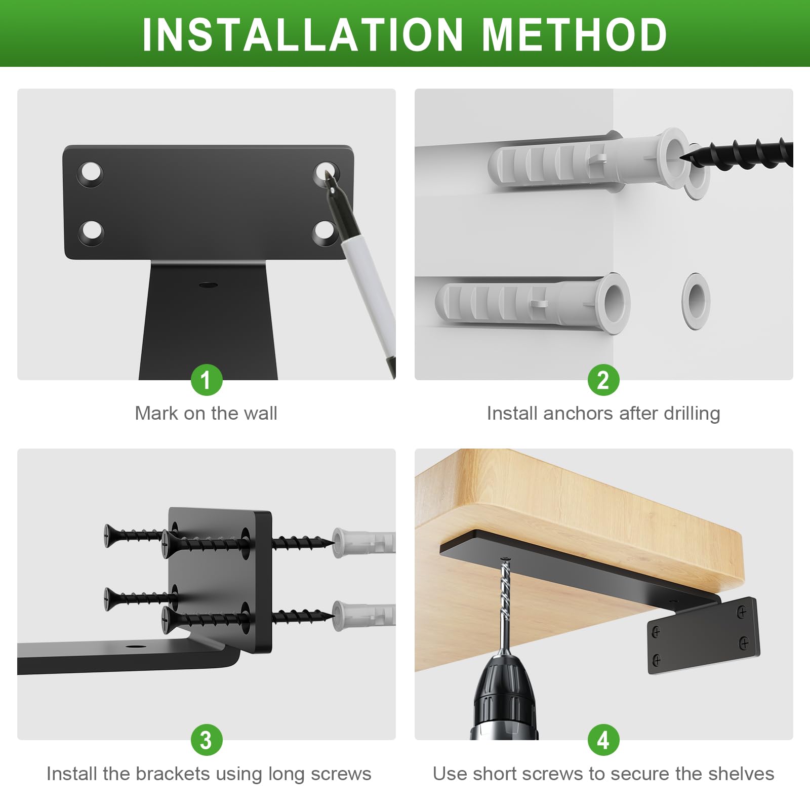 DDK Staffe galleggianti per mensole da 20 cm, confezione da 6 staffe da parete per scaffali, staffe a L in metallo nero resistenti, staffe per scaffalature industriali