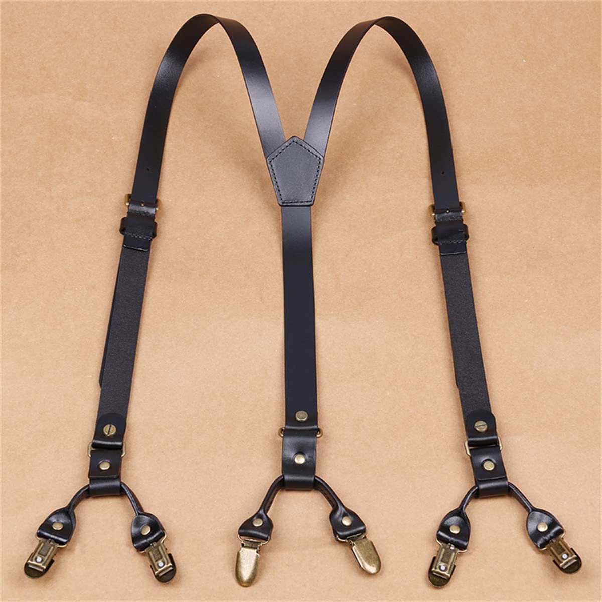 Tirantes para Hombre, Tirantes de Cuero Resistentes en Forma Y Menu2019 (6 Clips metálicos, Correas Ajustables)(Black)