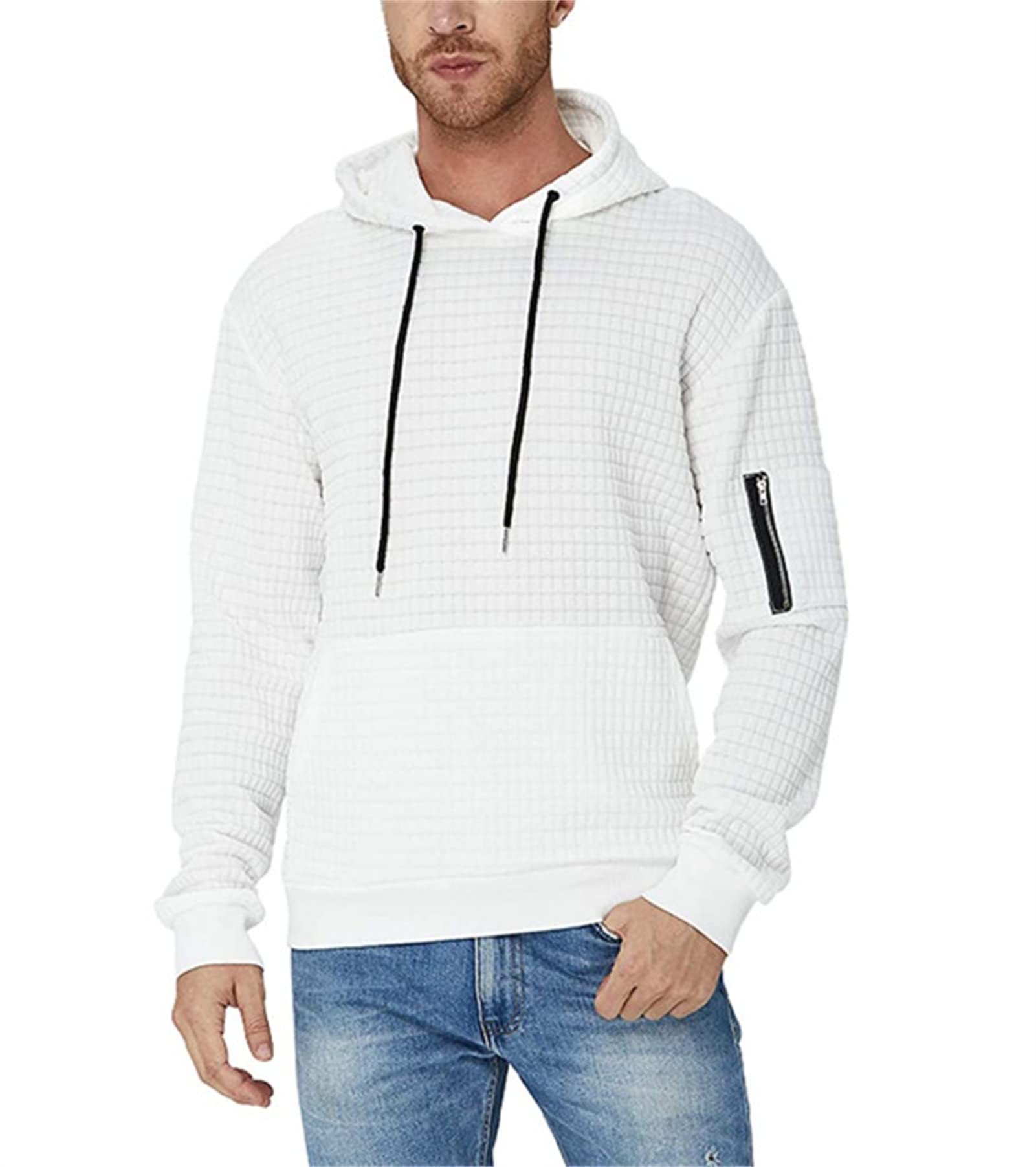 Maiyifu-GJ Men's Plaid Jacquard Pullover Hoodies Long Sleeve Gym Hooded Sweatshirts Casual Drawstring Hoodie with Pocket (White,Large)