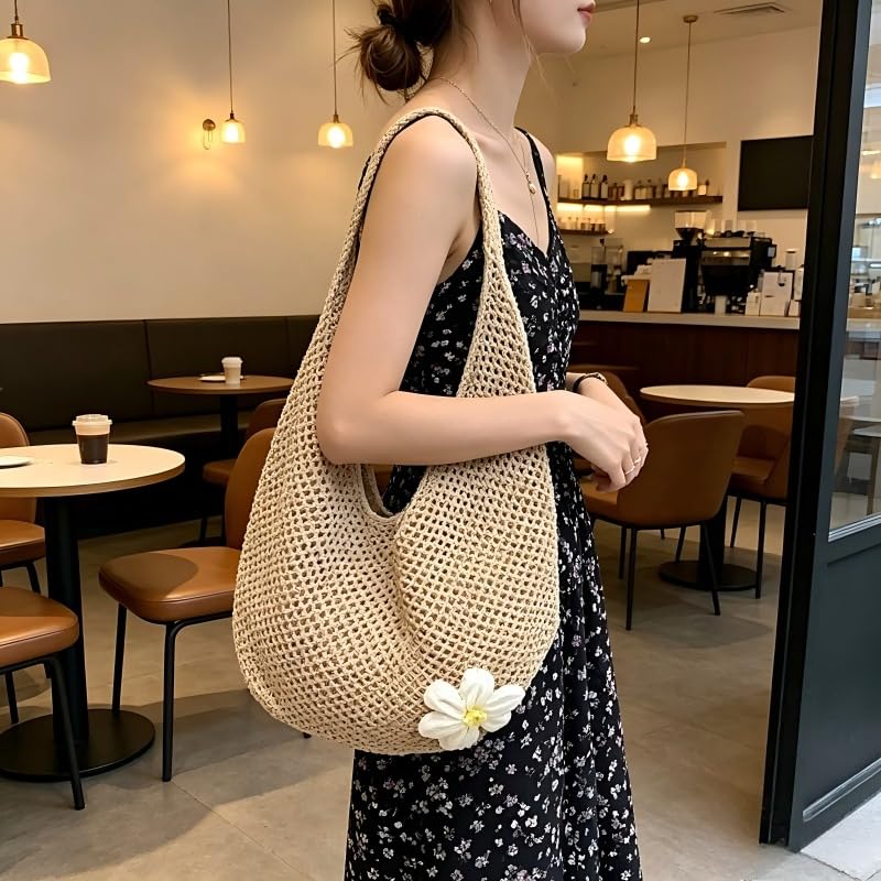 Bolso Tote de paja color sólido para mujer miniatura 1