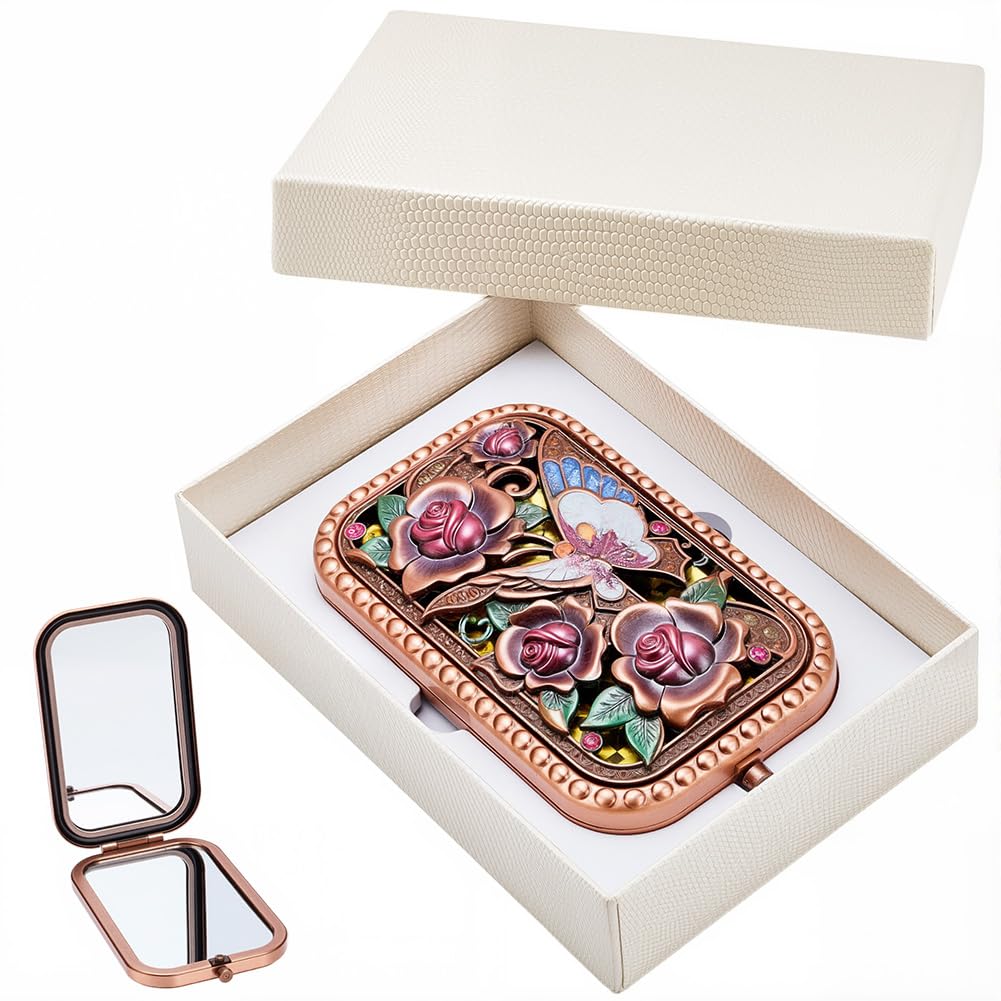 SOFPLATE Vintage Makeup Mirror Compact Vintage Foldable Mirror Metal with Normal and Magnifying Glass Butterfly Rose Double Sided Pocket Retro Vanity Flower Pattern Mini Vanity for Women Travel Gift โ image 1
