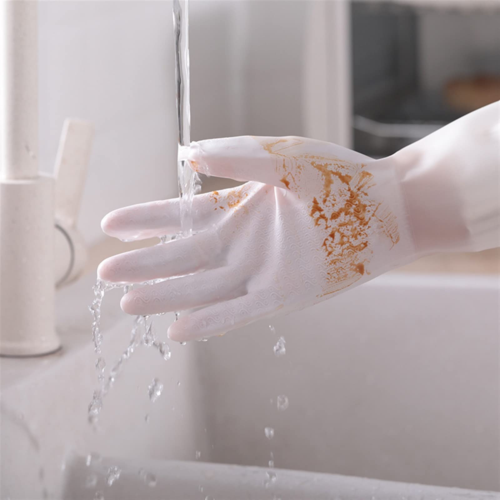 Guantes domésticos de lavado de caucho impermeable Waterproof Rubber Kitchen Cleaning Washing Household Extended Durable Household Dishwashing Gloves(Roze)