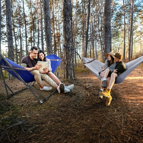 Image of Tranquillo Combo x2 Hammocks with Stand for Outside & Tree Straps, Heavy Duty Hammock with Stand 600lbs for Indoor Outdoor Patio Backyard, x2 Hammocks for 2 Person (Combo - Blue, Medium)
