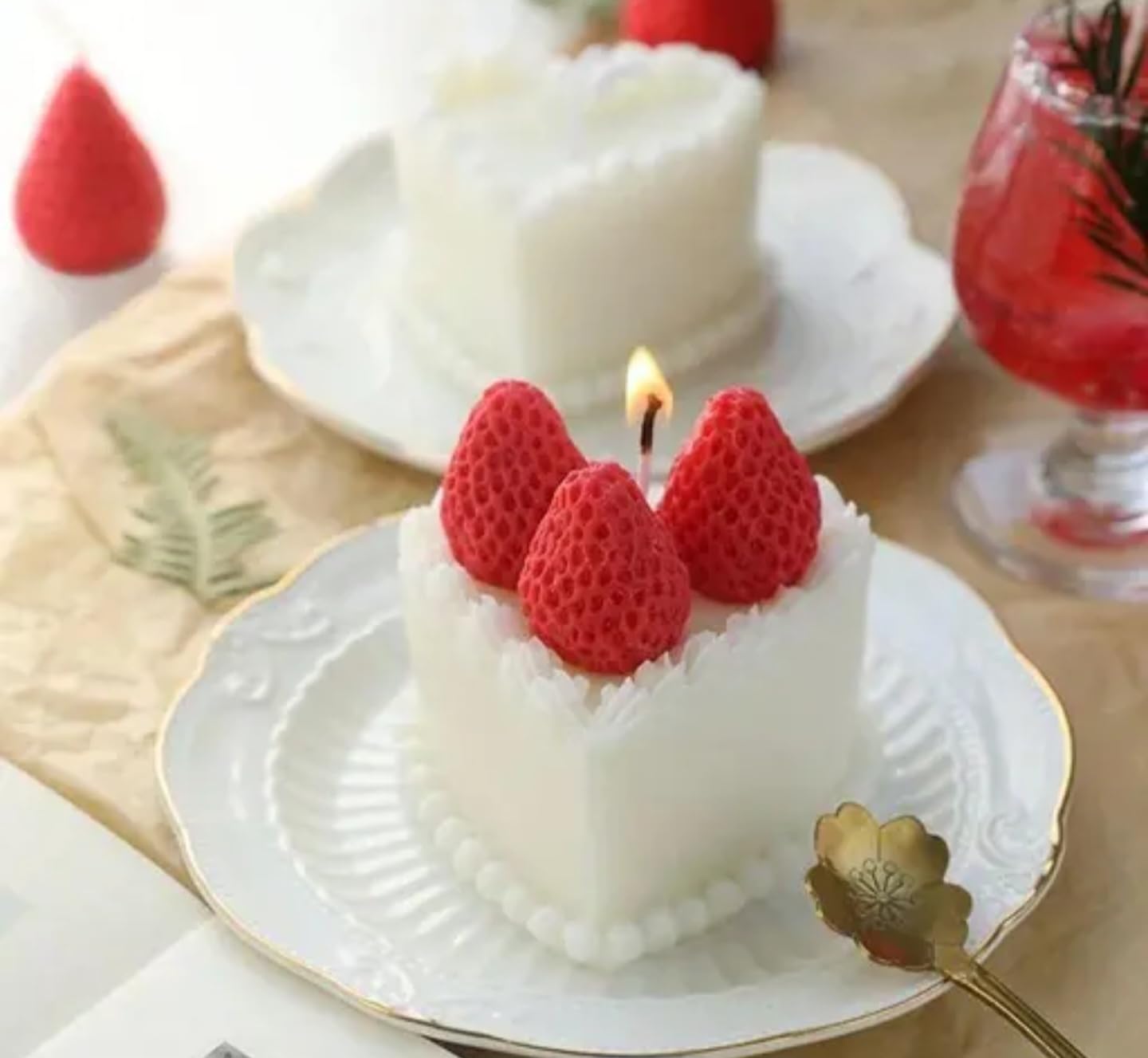 Mini White Celebration cake shape candle with Fresh Strawberries, Birthday Candle, Gold Trim Plate