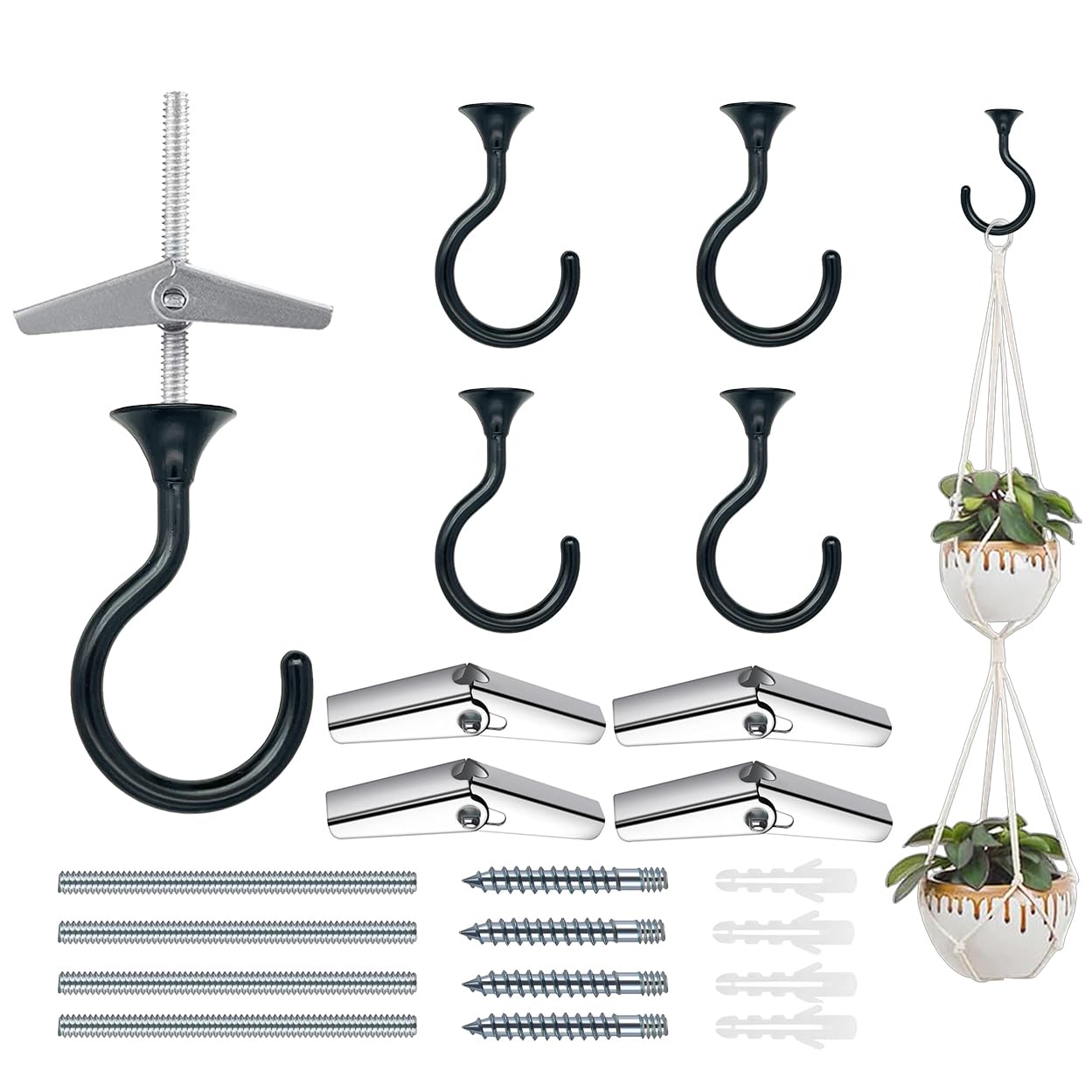 4 Sets Heavy Duty Swag Ceiling Hooks with Hardware for Hanging Plants, Cavity Wall Fixing, Easy Installation, Holds Up to 30lbs, Ideal for Home & Garden (4 Sets, Black) โ image 1