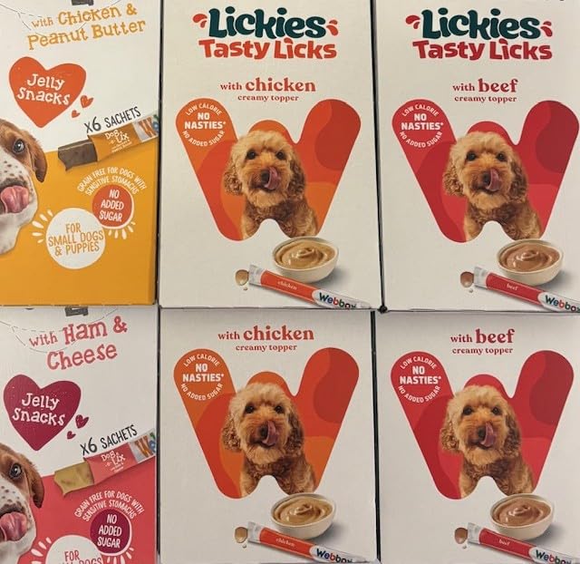 Dog-e-lix (Jelly Snacks) and Lickies (Creamy Toppers) Lickable Dog Treats Variety Pack - Chicken & Peanut Butter/Ham & Cheese/Chicken/Beef (Pack of 6)