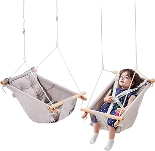 VEVOR Canvas Hammock Swing, 3 Modes Baby Swing Indoor and Outdoor with 5-Point Harness, and Tree Straps, 150lbs Weight Capacity, Integrated Cushion, Wooden Hanging Swing Seat for Baby to Toddler