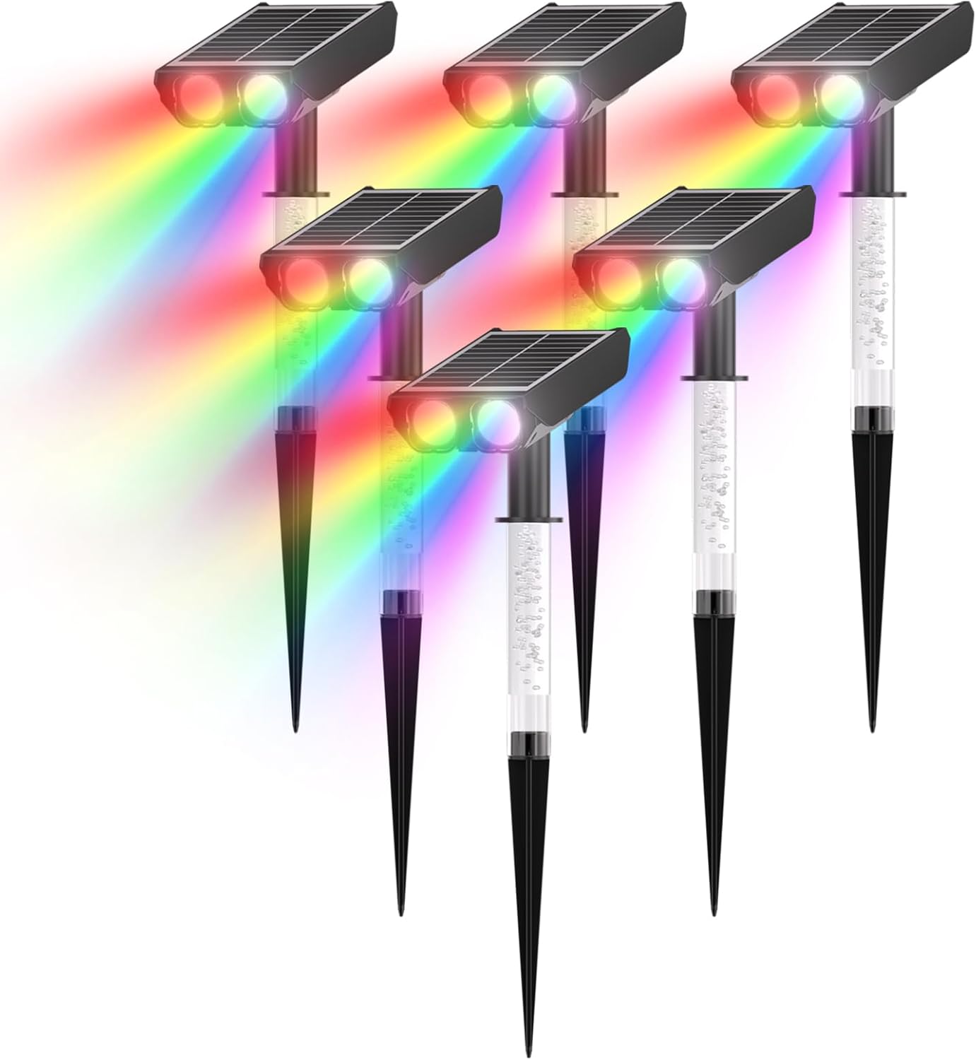 RGB Solar Spot Lights : 2 IN 1 Solar Lights Outdoor with 8 Lighting Modes & PC Light Guide Column for Tree Garden Yard Pathway | RGB Color Changing Landscape Lights | IP65 Waterproof | 6 Pack
