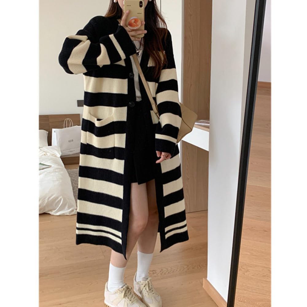 Cárdigan Largo para Mujer, Cárdigan Largo de Punto con Rayas Vintage, Botones Delanteros Abiertos, Cuello En V, Suéter, Abrigo, Chaqueta de Punto Holgada Y Cálida para Otoño E Invierno.