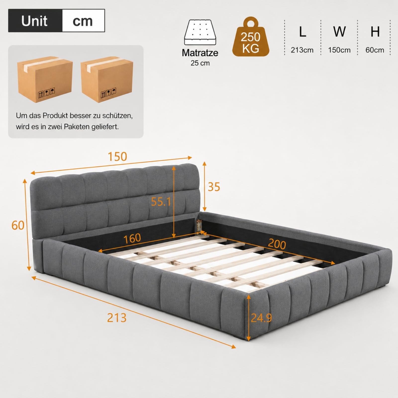 Fofetbfo Polsterbett 140x200, Doppelbett mit Bettkasten, Bubble Bett Jugendbett mit Lattenrost und Gepolstertes Kopfteil, Flachbett Gästebett, Leinen Beige,ohne Matratze (grau, 140x200 cm)