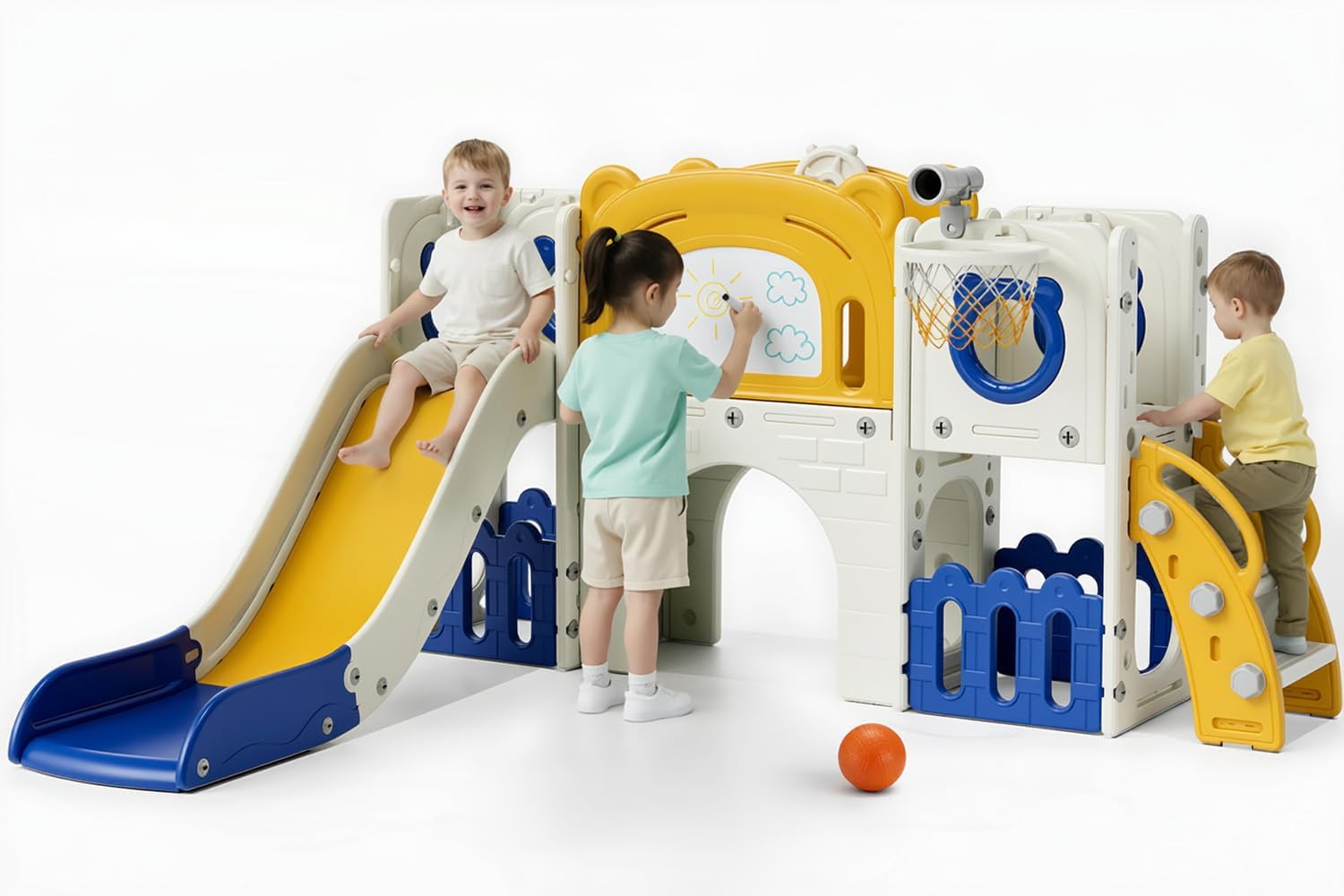 Arlopu 10-in-1 Large Toddler Slide Set, Kids Slide Climber Playset with Drawing Board, Basketball Hoop, Sturdy Baby Playground, Indoor Outdoor Playhouse for Boys and Girls Upgraded (Yellow & Blue)