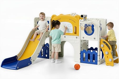 Miniatura 10 de Arlopu Juego de tobogán grande 10 en 1 para niños pequeños, juego de tobogán con pizarra para dibujar, aro de baloncesto, parque infantil Blanco