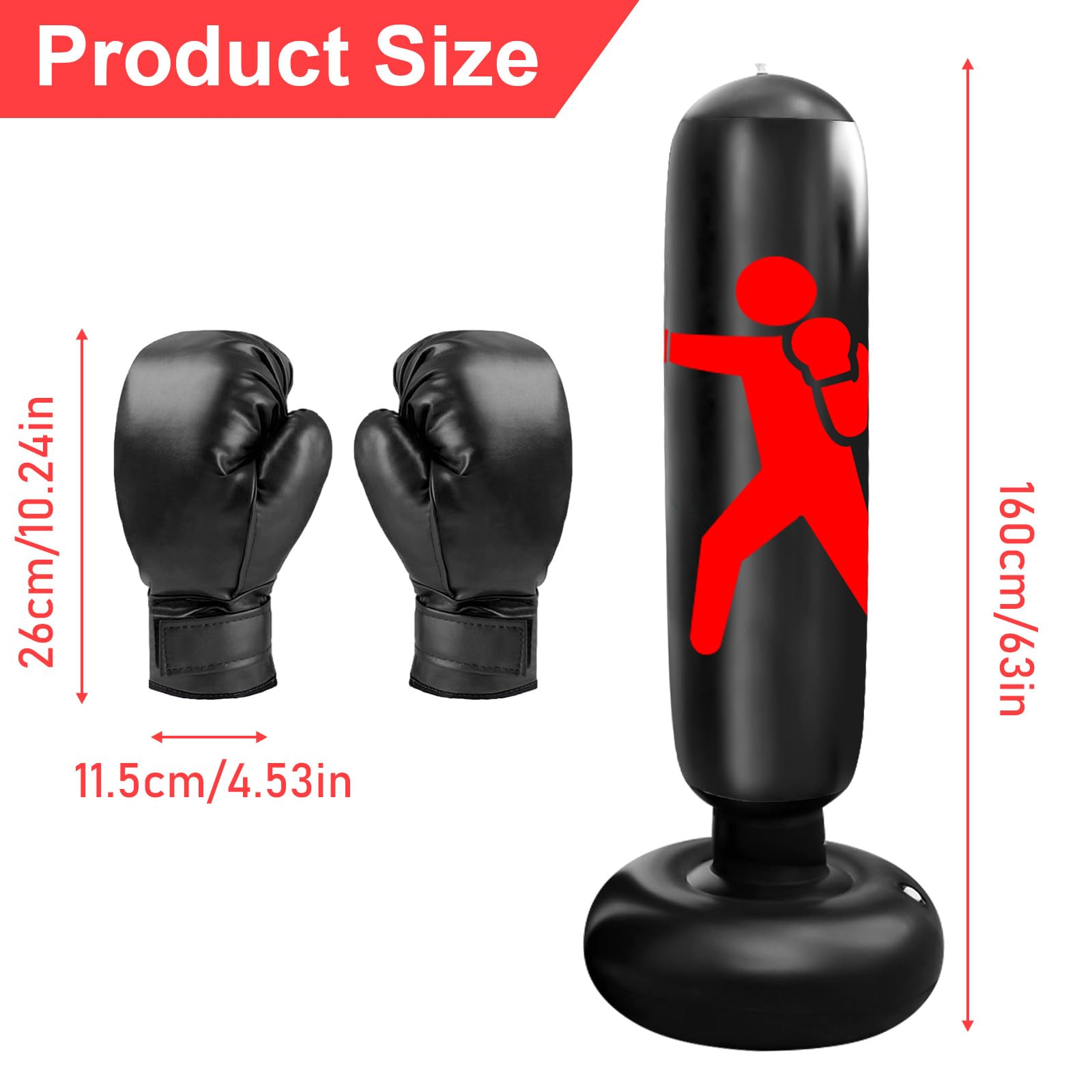 Sacco da boxe per bambini, 160 cm, con guantoni da boxe, sacco gonfiabile per ragazzi e ragazze dai 3 ai 12 anni, set da boxe per bambini, sacco da boxe in piedi, per interni ed esterni, karate