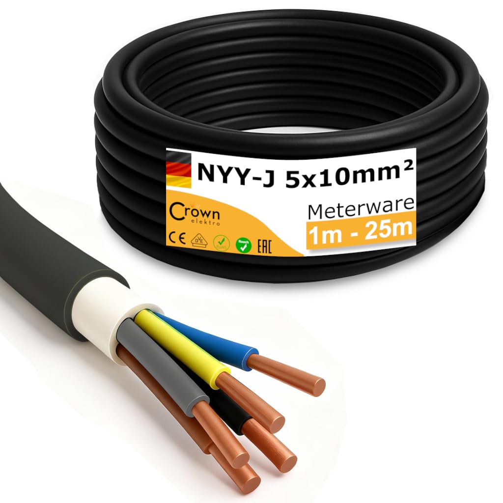NYY-J 5x10mm² Erdkabel | 1–25m Meterware | 5-adriges Starkstromkabel aus Kupfer | Außenkabel für Drehstrom, Wallbox & Elektroinstallation | Made in Germany | Länge (20m)