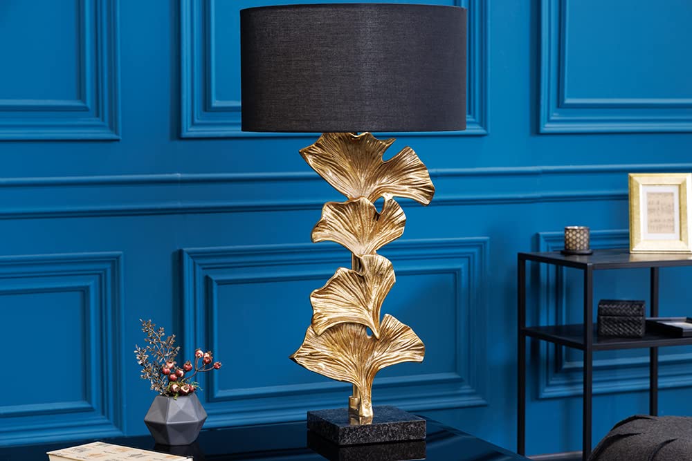 riess-ambiente.de Design Tischlampe GINKGO 70cm schwarz Stoffschirm gold Metall handmade Marmor-Fuß