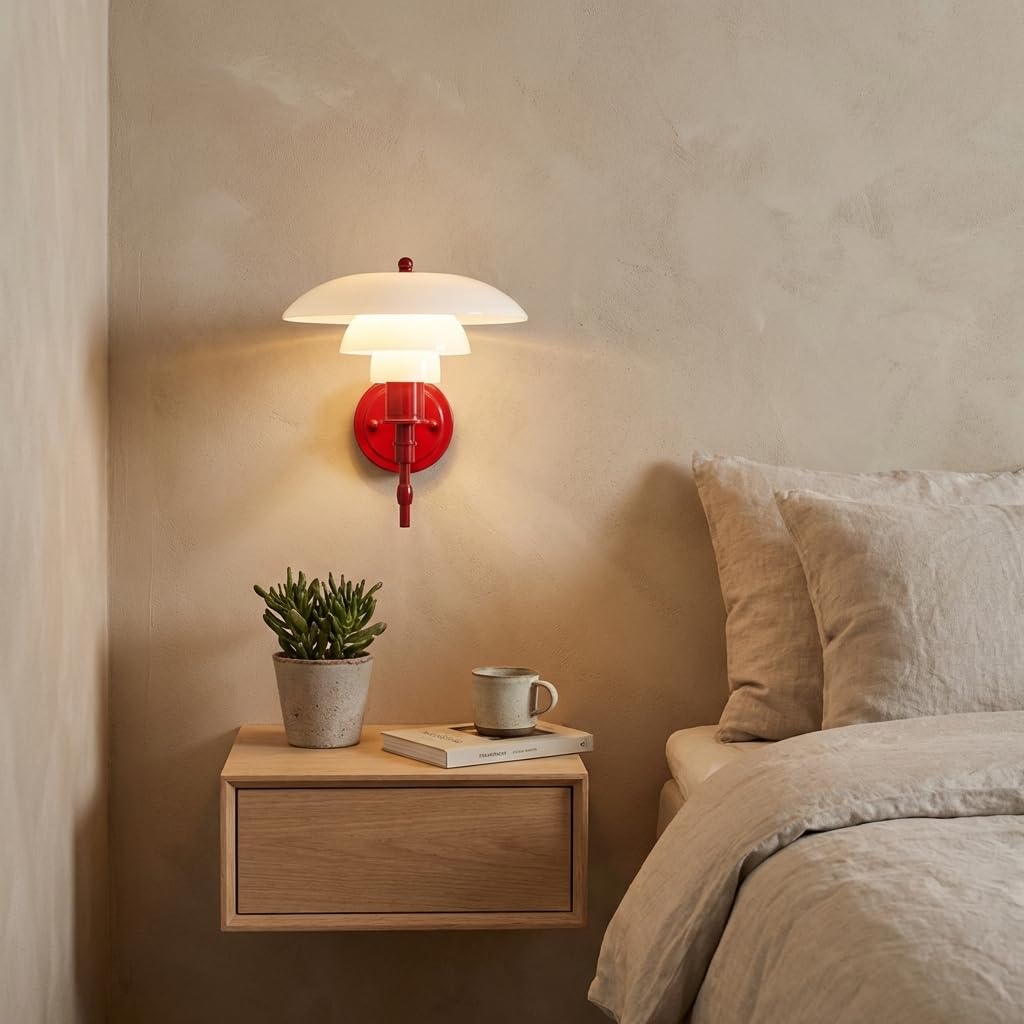 BARCELONA LED Aplique de pared "Marshal" moderno y clásico, lámpara de pared con pantalla de vidrio blanco y cuerpo rojo metálico, diseño elegante, minimalista y lujoso