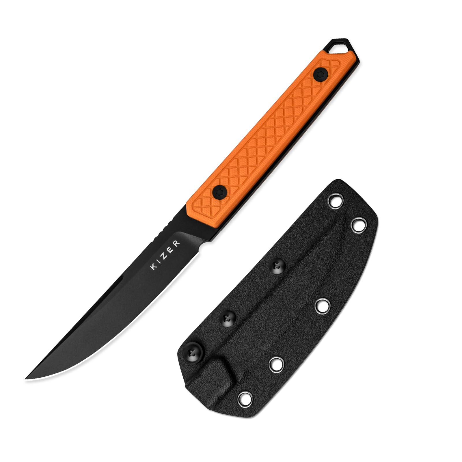 Kizer Kwaiken Fixed Blade Knife, 3.94" D2 Steel Hunting EDC with Orange G10 Handle, Survival Knife with Adjustable Sheath for Hiking Camping Outdoor