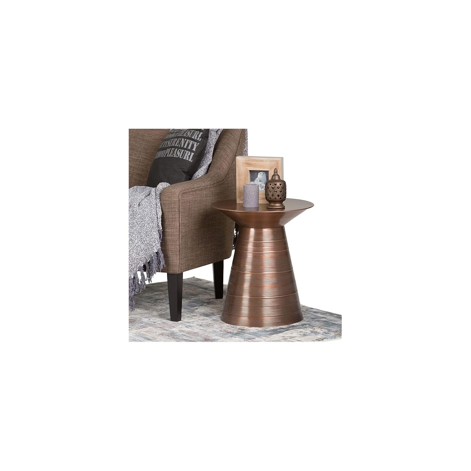HomeStock Beachy 18 in Wide Metal Accent Side Table in Aged Copper Finish with Circular Base Detail, Fully Assembled, Contemporary Sculptural Design, Versatile Use