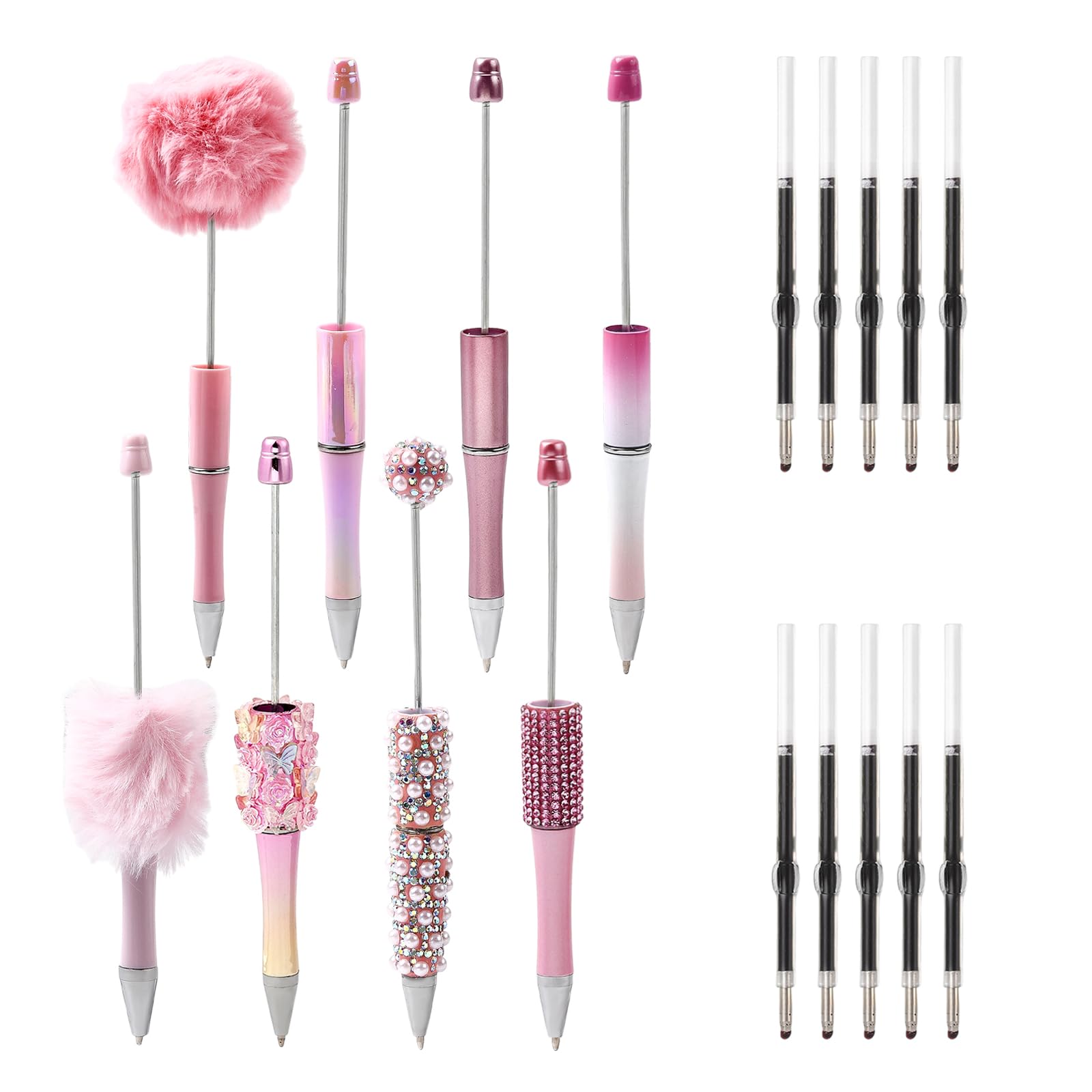 HUAAPLEVLA 8 Pcs Rhinestone Beadable Pens Bulk Glitter Plastic Beaded Pens with Refills for DIY Pen Making Supplies Office Staff School Teacher Students Gifts(Pink)