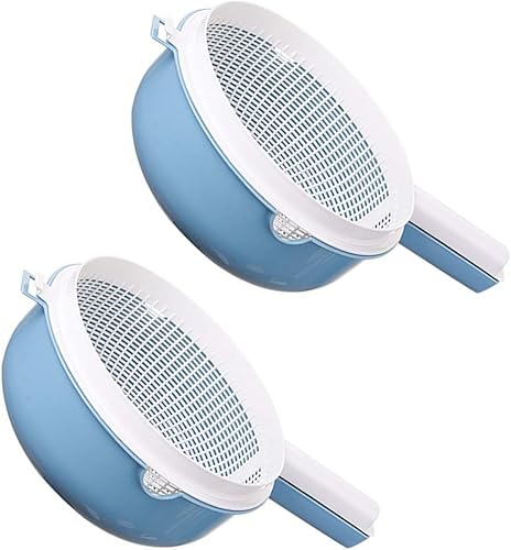 Miniatura 6 de Hemoton Juego de 2 coladores de cocina 2 en 1, cuenco de lavado de frutas y verduras, cesta de secado portátil de doble capa con asa para fregadero