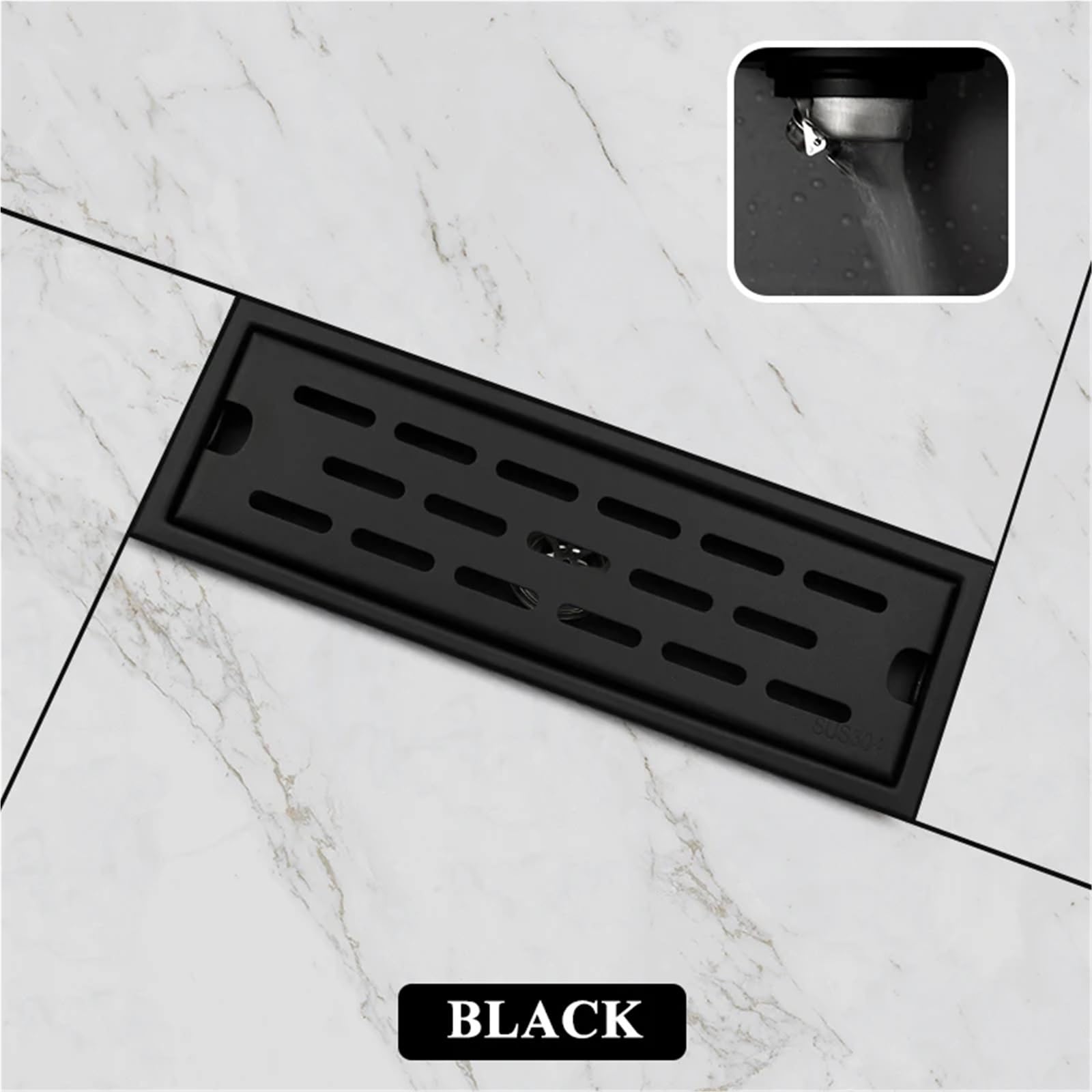 Rejilla Desague Ducha Desagüe de Suelo recogedor Pelo baño Ducha desagüe Cocina Inodoro Rejillas residuos Drenaje Lineal Largo Oro Pulido Negro(Matte Black)