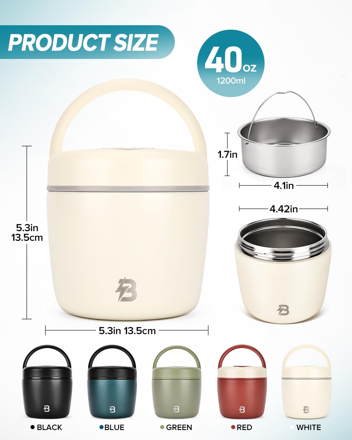 Thermo for Hot Food for Adults, 40OZ Wide Mouth Insulated Food Jar with Spoon, Leak Proof Stainless Steel Lunch Soup Thermo for Food (White)