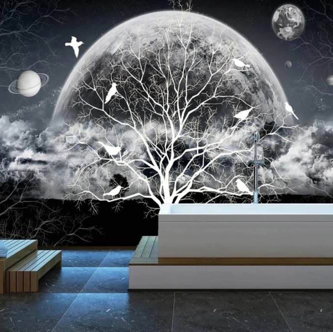 Papier art espace étoilé lune pour agrandir un mur de salon