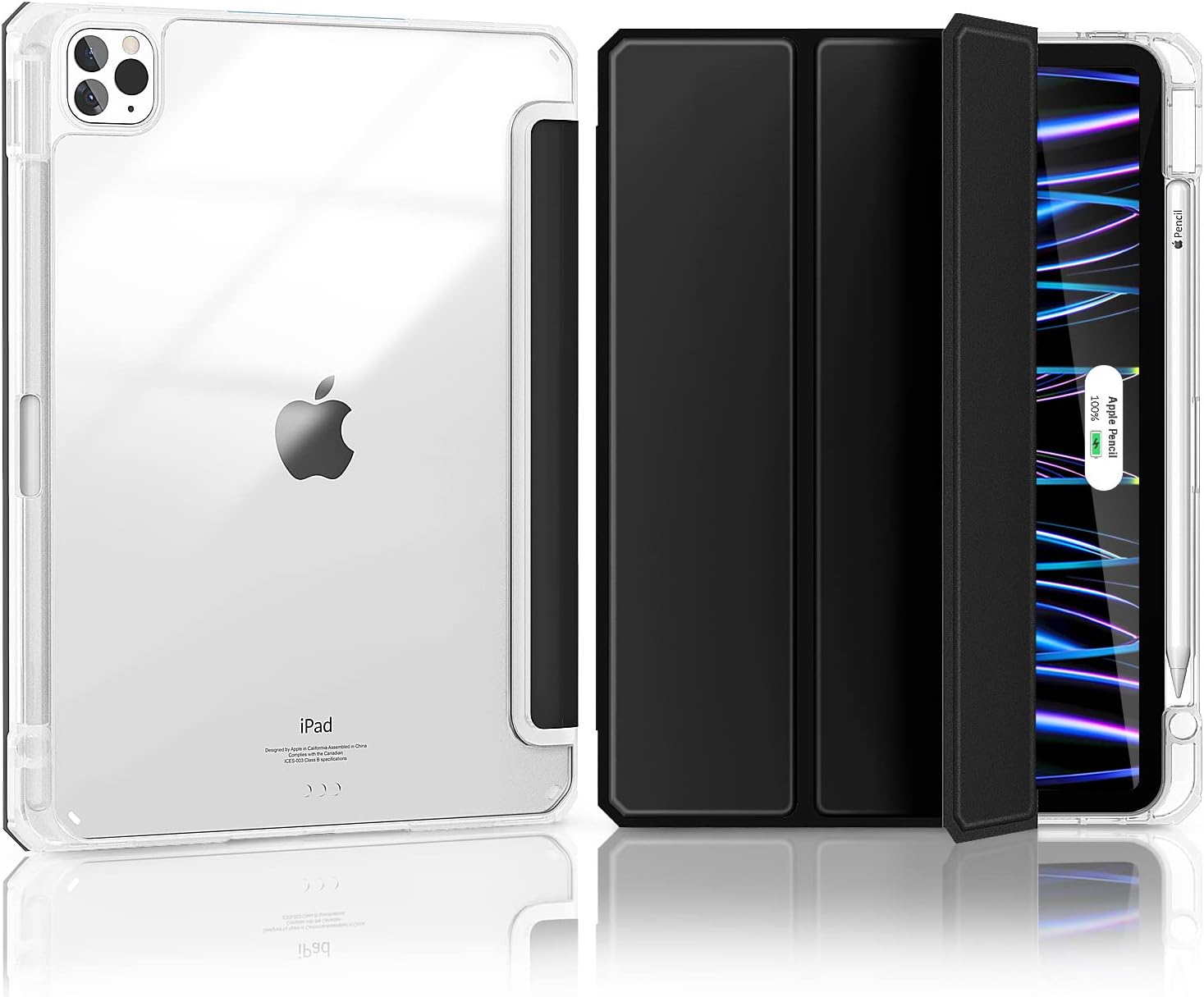 Hoidokly iPad Pro 11 inch Case 2022/2021/2020/2018 4th/3rd/2nd/1st Generation - Hard Transparent Back Cover with Pencil Holder &Auto Wake/Sleep - Black & Clear