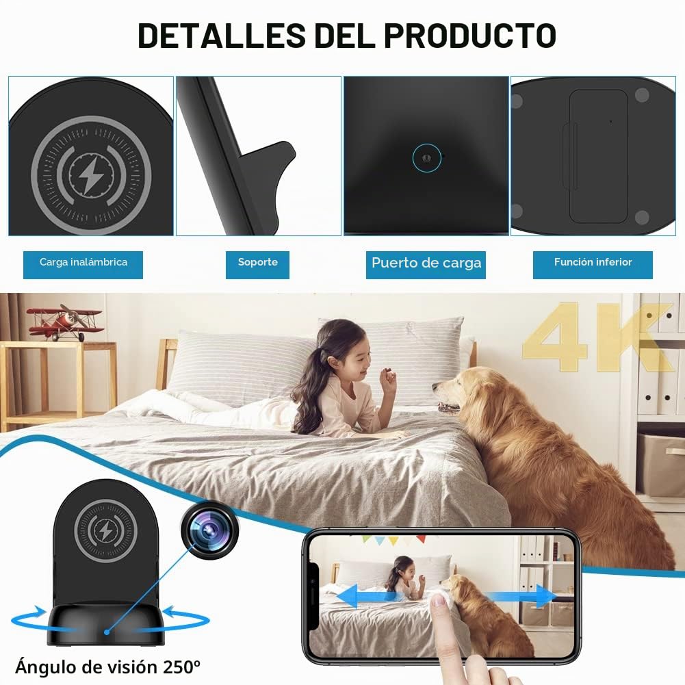 Cámara oculta Cámara espía WiFi Cargador inalámbrico, Cámara espía para niñera Activada por movimiento, HD1080P (Lente giratorio) con ángulo de visión de 250°, cámaras espías ocultas para seguridad