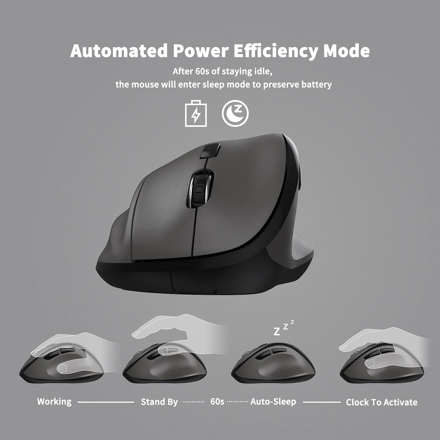 Ergonomic Wireless Mouse with USB Receiver for PC Computer, Laptop and Desktop, Ergo Vertical Mouse with Silent Clicks Long Battery Life, Up to 1600 DPI & 1 AA Battery Powered, Grey - 2