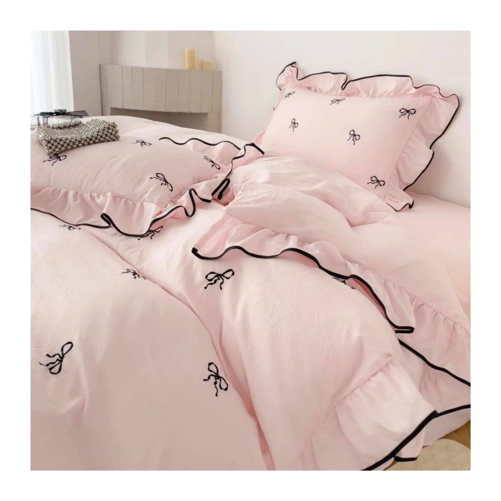 ZHSOAO 3pcs Bow Embroidery Bedding Set Ruffles Duvet Cover For Bedroom Guest Room for Bed(Pink,180x210cm 3pcs)