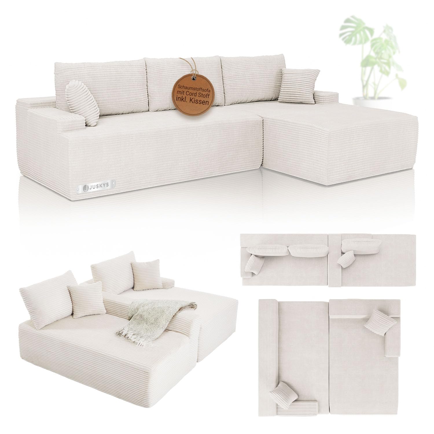 Juskys Cord Sofa Coredo – Cord Sofa, creme, mit Ottomane rechts