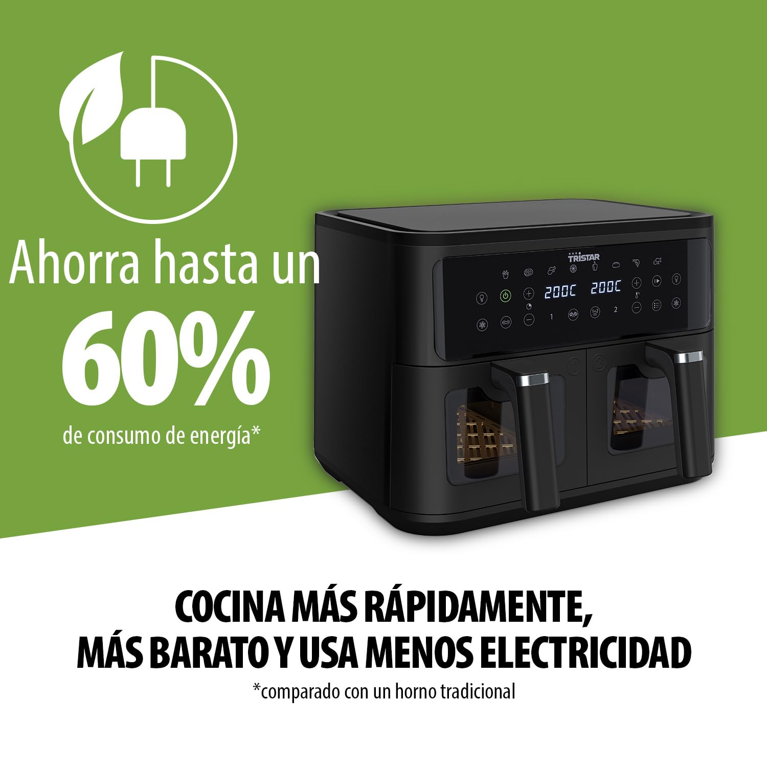 Tristar Freidora de Aire Doble Cesta, 9 L, 10 Programas, Pantalla Digital, Ventanas de Visualización, Sin PFAS, Cocina Saludable Sin Aceite, 2500 W, FR-9429