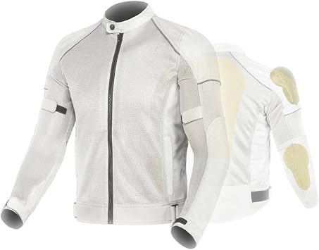 Breathable All-Season Mesh Motorcycle Shirt with CE Protective Liner, High Visibility Motorcycle Jacket Color White, Size Large