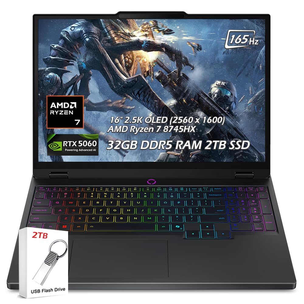 Lenovo Legion Pro 5 16" Gaming Laptop, AMD Ryzen 7 8745HX, GeForce RTX 5060, WQXGA (2560x1600) OLED, Wi-Fi7, Backlit KB, Win11 (32GB DDR5 RAM | 2TB PCIe SSD), Eclipse Black + 2TB Flash Drive, W/GaLiMu Ryzen 7 | 32GB RAM | 2TB SSD