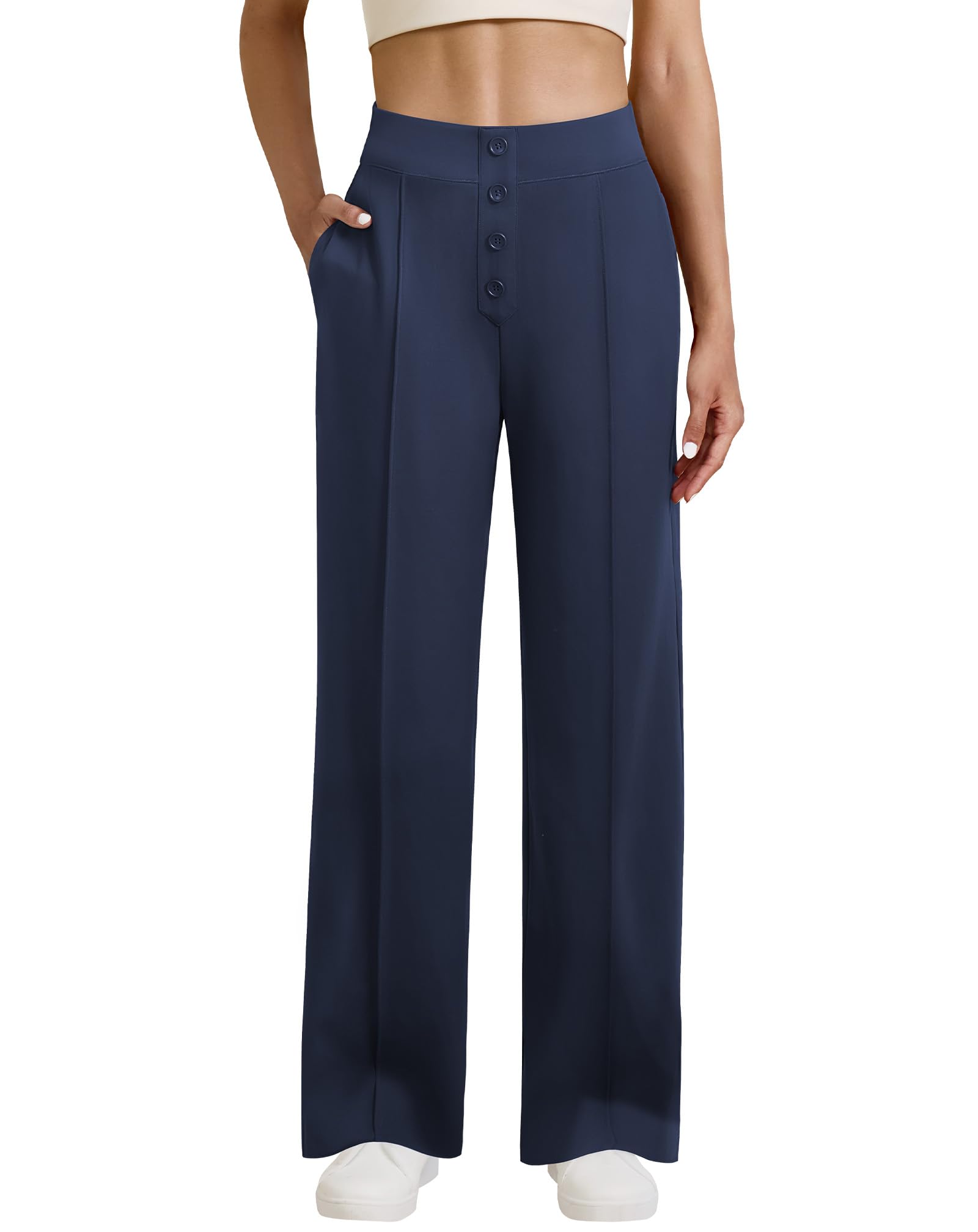 Womens Wide Leg Business Casual Pants High Waisted Button Pull On Dress Work Pants with Pockets