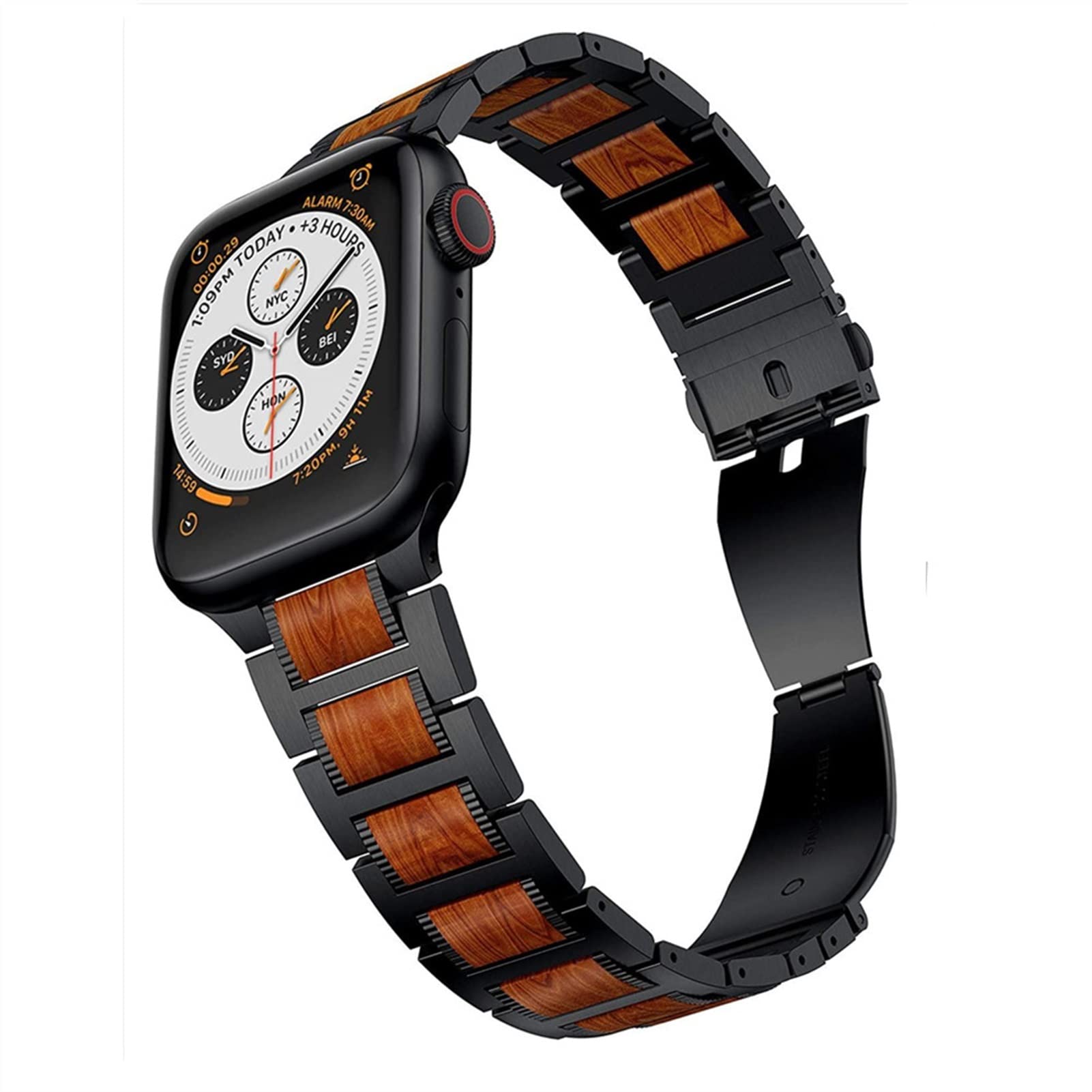 AMSH Holz-Armband für Apple Watch, 44 mm, 40 mm, 42 mm, 38 mm, Edelstahl-Armband, Correa-Gürtel für i-Watch Serie 5/4/3/SE/6/7, 45 mm, 41 mm