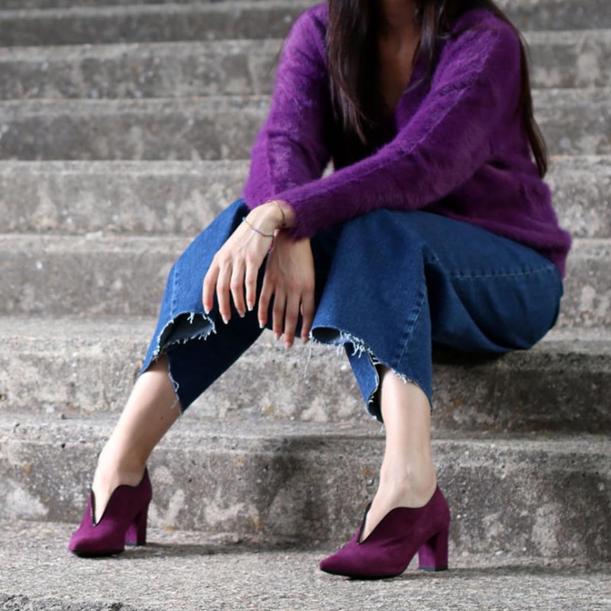 FOWT Women Chic Pointed Toe V-Cut Pumps Slip on Chunky Mid Heels Party Office Daily Dress Shoes Size 4-16 US