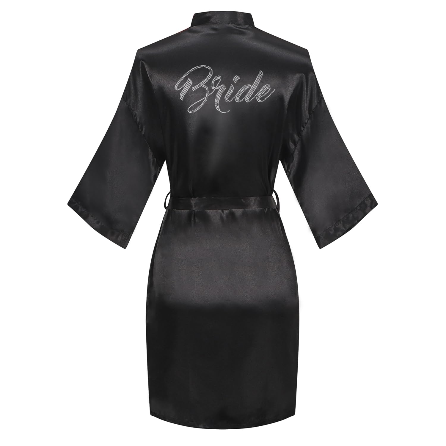 Women's Satin Robe Bride Bridesmaid Short Kimono Robes with Silver Rhinestones for Wedding Party Getting Ready