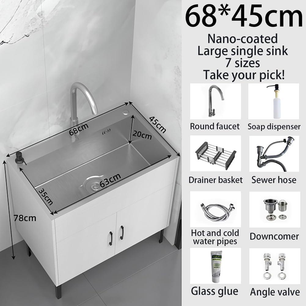 19.6-31.5In Stainless Steel Laundry Sink,with Cabinet Utility Tub with Draining Basket,Freestanding Deep Sink,with Hot And Cold,for Utility Room,Kitchen,Bathroom,Garage,White,68 * 45 * 78cm