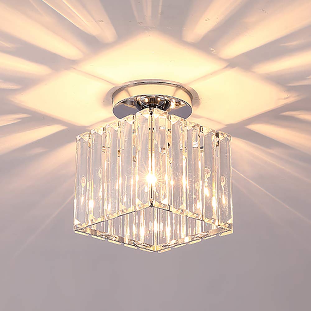WDW Crystal Palace Genuine Crystal Hallway Flush Ceiling Light Chandelier - Chrome - Square Shape - 15 x 17 cm