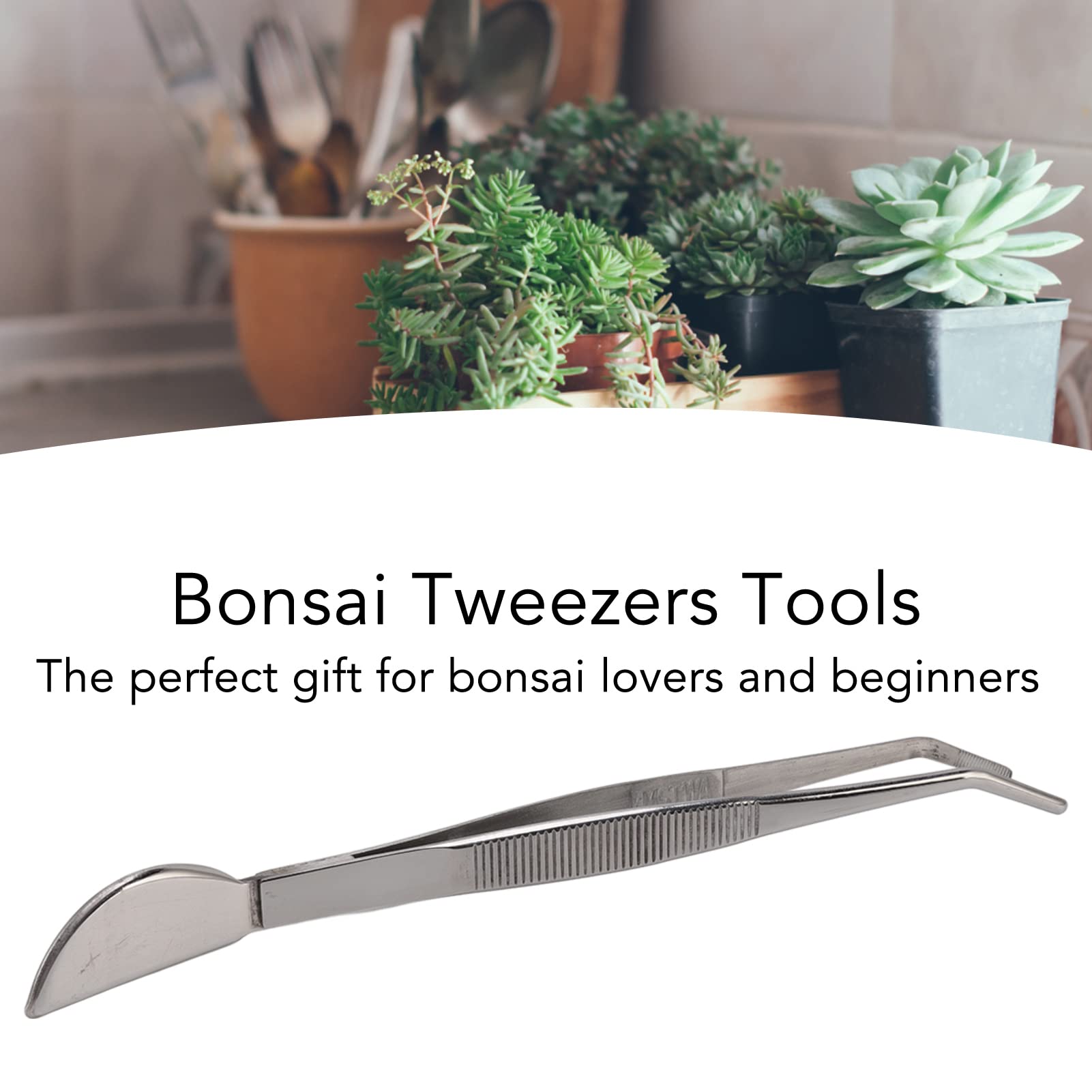 Bonsai Tweezers, Stainless Steel Long Tweezers with New Moon Spatula Head for Potted Loosening Soil Planing Grass(#02)
