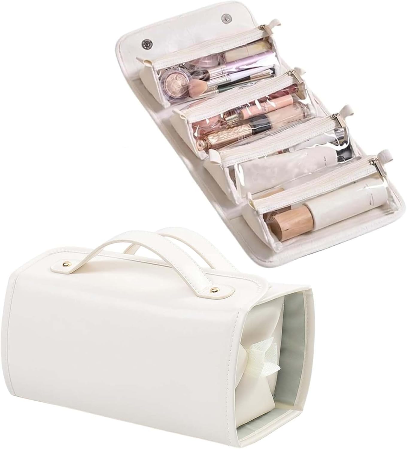 Leather Waterproof Cosmetic Bag Detachable 4 in 1,Travel Toiletry Bag,Hanging Toiletry Bag,Multi Compartment Roll Up Makeup Bag,Foldable Bag With 4 Clear Detachable Compartment