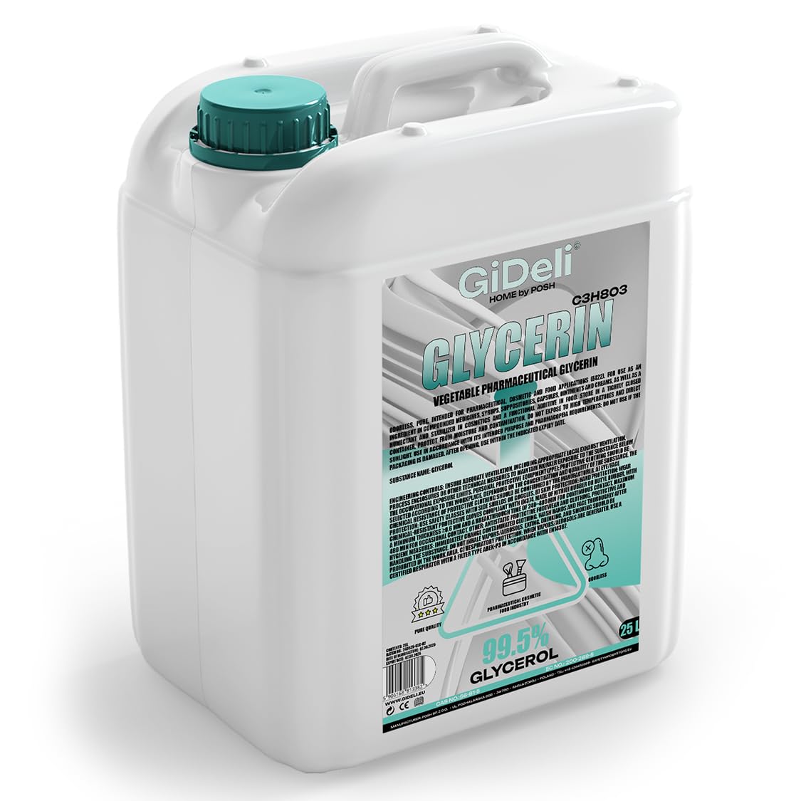 GiDeli Glicerina 99,5% pura 25 l glicerina VG grado farmacéutico E422 vegetal, vegano, de color, inodoro