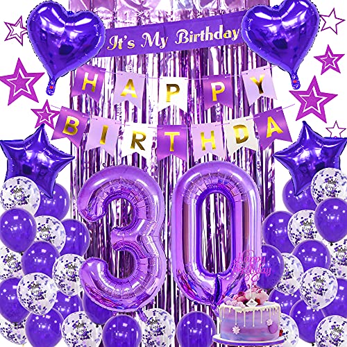 30th Birthday Party Decorations for Women, Purple It's My Birthday Sash, Number 30 Foil Balloons, Cake Topper, Fringe Curtian, Hanging Stars, Happy Birthday Banner for Birthday Anniversary Bachelorette