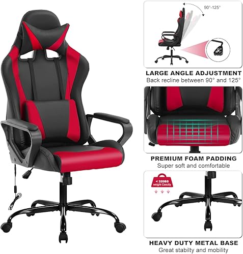 Miniatura 10 de Silla de juegos de PC con respaldo alto, silla de oficina ergonómica con brazos de apoyo lumbar, reposacabezas de masaje de piel sintética, silla de