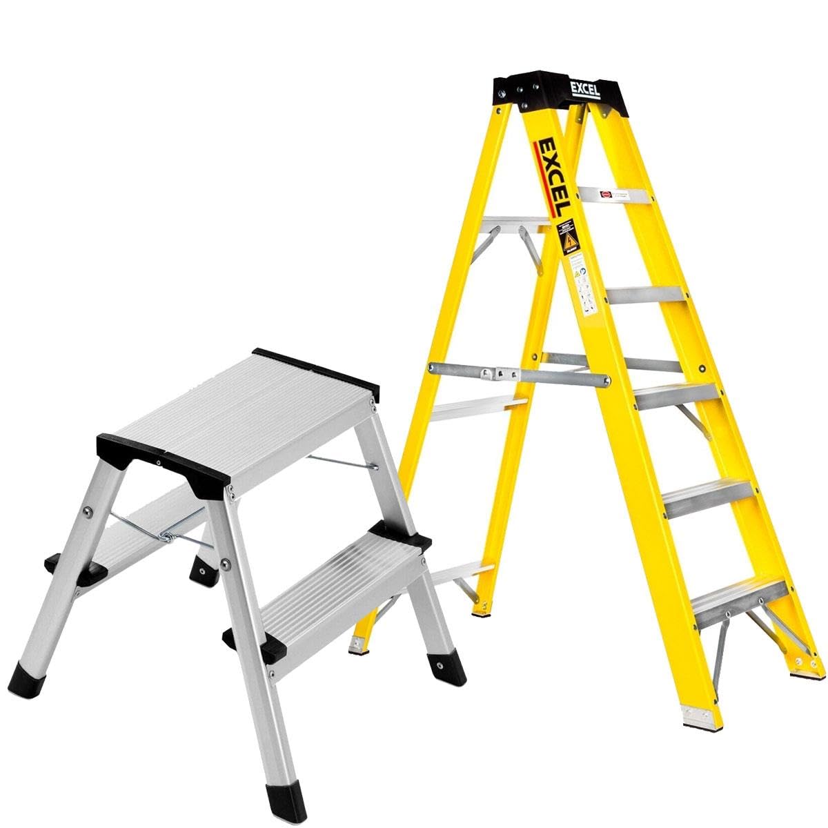 Excel Heavy Duty Fiberglass 5 Tread Ladder with 2 Step Hop Up Ladder