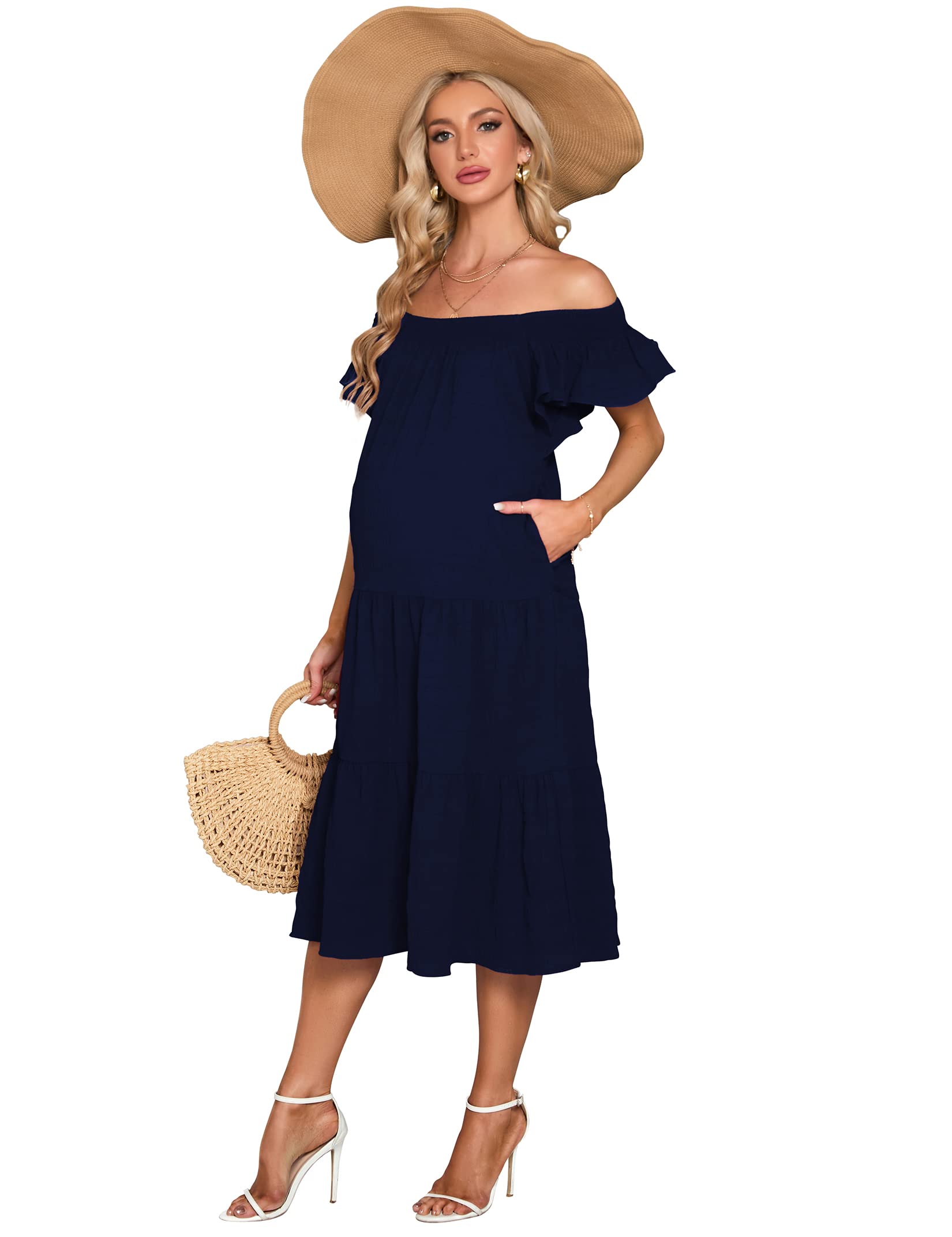 Photo 1 of KOJOOIN Women's Maternity Casual Maxi Dress Square Neck Halter Photography Dress for Baby Shower Large Navy