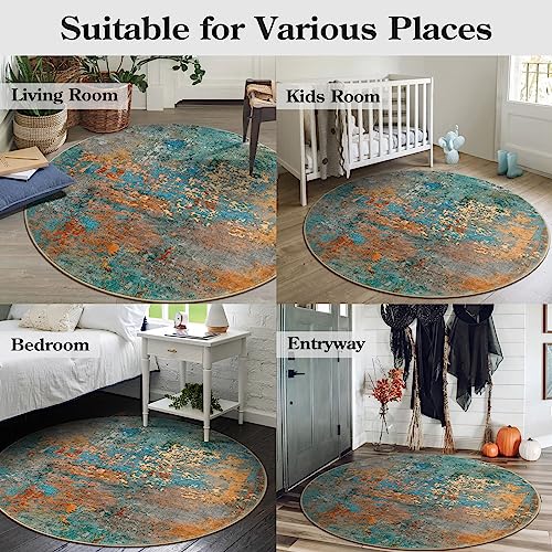 Lahome Modern Abstract Round Rug - 4Ft Colorful Rugs for Entryway Small Bathroom Rugs Washable 4x4 Circle Mat, Contemporary Indoor Floor Accent Carpet for Kitchen Bedroom Family Room Decor