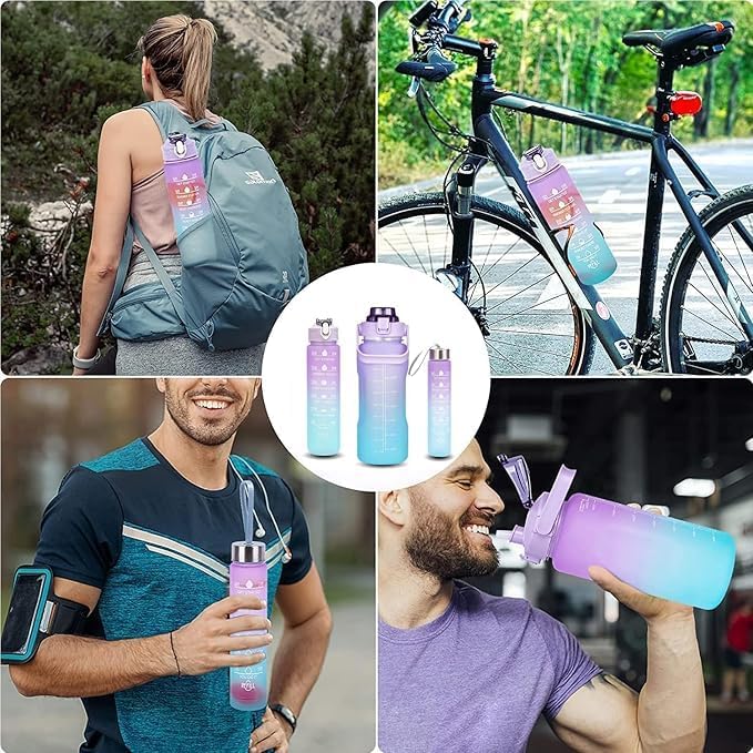 Image of MARTEEN Silicone Motivational Water Bottle Set Of 3 Pcs Time Marker With Straw, Unbreakable Leakproof BPA Free Non-Toxic Sipper Bottle For Office, Sports, Gym, School, 2 Liters, Purple